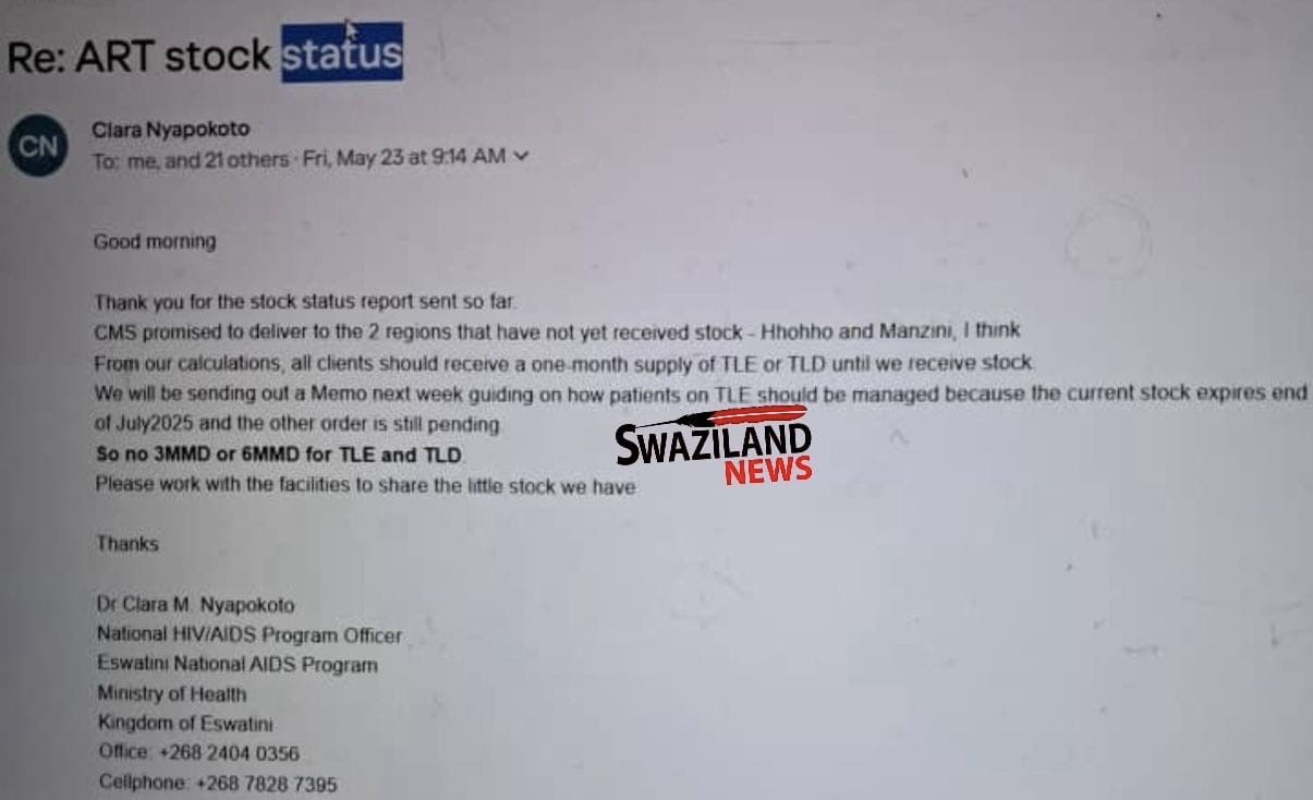 REVEALED:New HIV infections looming as Eswatini faces shortage of ARVs amid worsening health crisis, leaked Ministry of Health email exposes Dr Clara Nyapokoto communicating deteriorating situation.