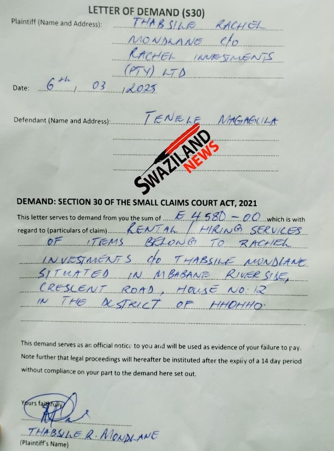 Hhohho Regional MP Tanele Magagula taken to Small Claims Court by Rachel Investments(Pty) Ltd in demand for R4,580.00, more emaSwati claim Legislator disappeared with their monies.