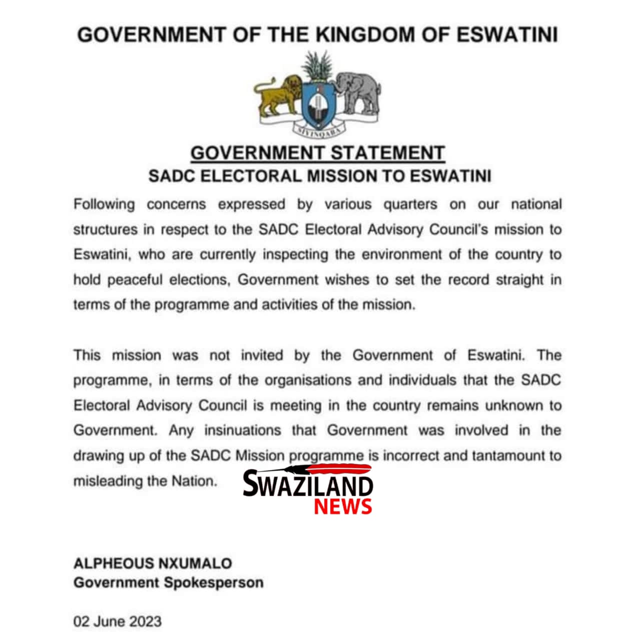 ESWATINI GOVERNMENT:Don’t listen to SADC Electoral Mission who are here to monitor elections, we did not invite them.