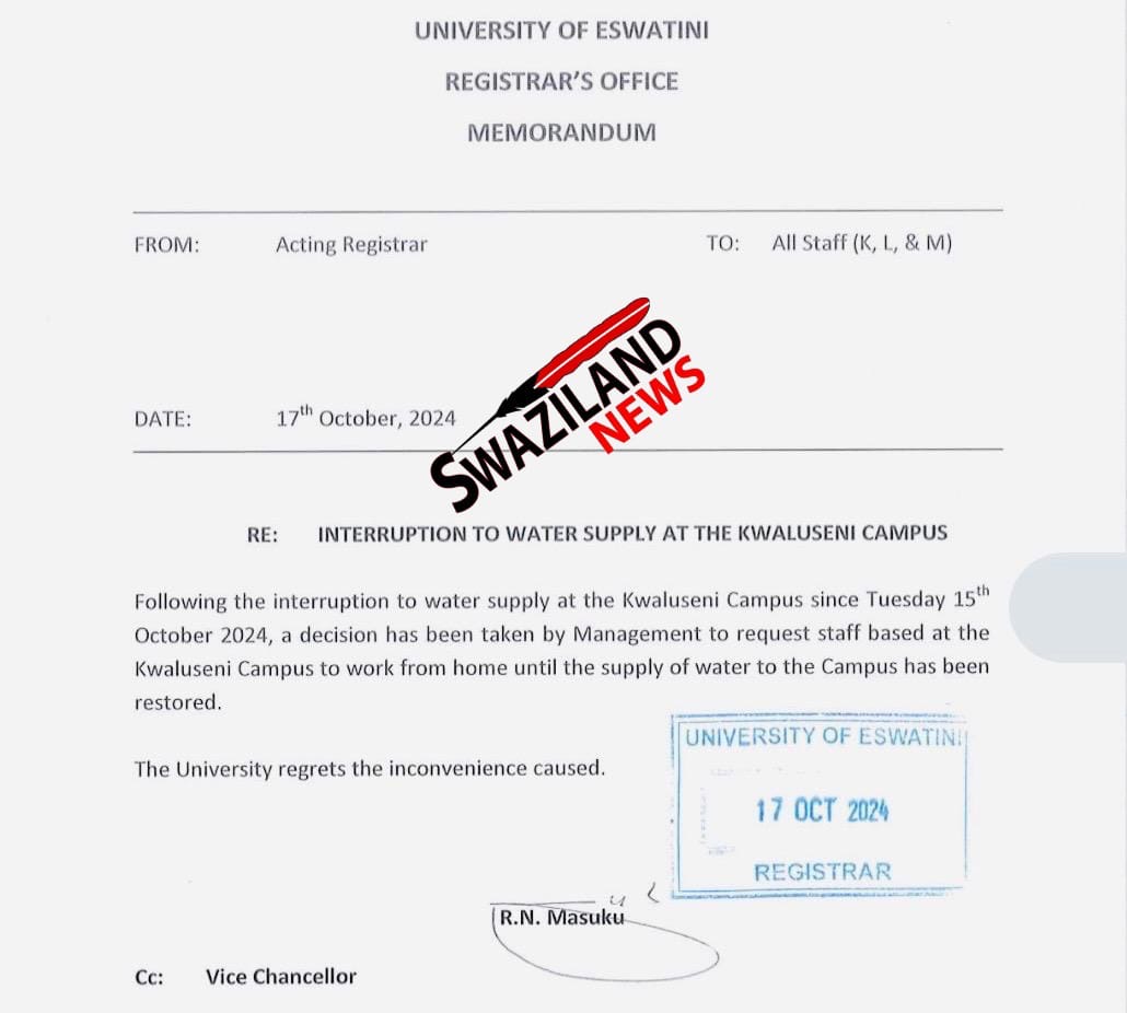 EDUCATION CRISIS:University of Eswatini(UNESWA) staff told to work from home as Water Services terminates supply for outstanding payments, Mswati to spend over R200million on international trip.