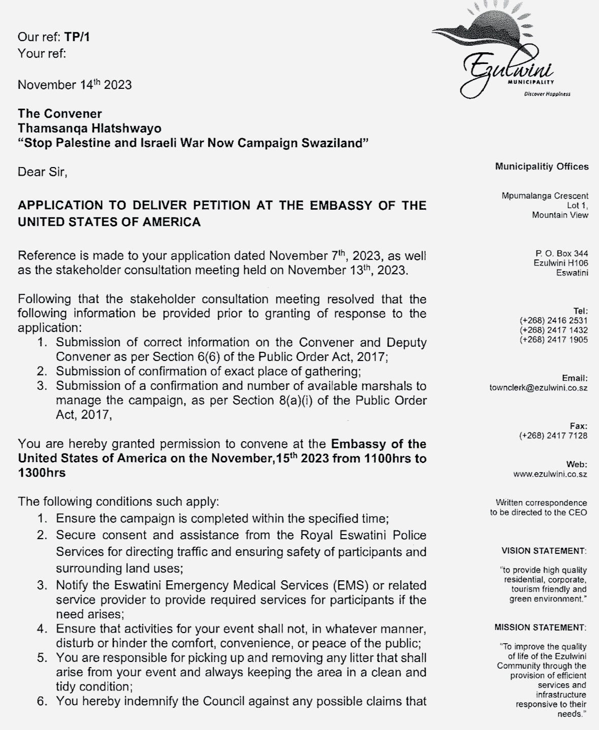 Ezulwini Municipality grants “Stop Palestine-Israel War Campaign Swaziland” permission to march to the US Embassy.