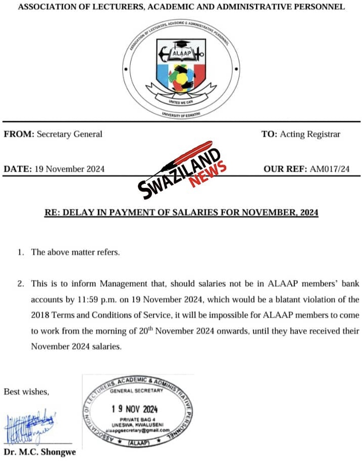 SALARIES DELAY AMID FINANCIAL CRISIS:University of Eswatini(UNESWA) Lecturers write to Management, will not report for duty if ‘in-contact’ is not received by midnight.