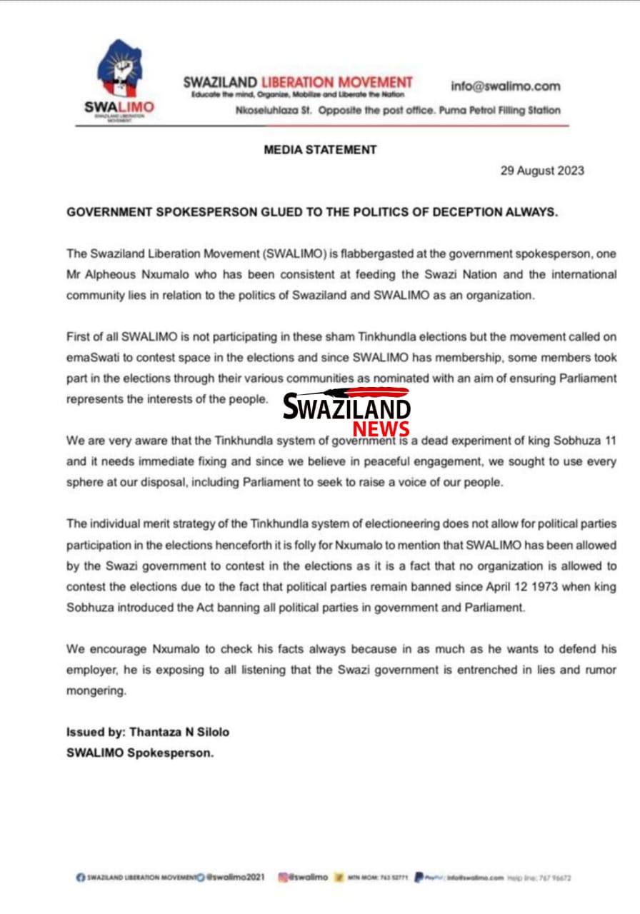 MAGAWUGAWU’S SWALIMO ABOUT-TURN AS MORE MEMBERS LOSE ELECTIONS: Government Spokesperson off-side as we never participated in Tinkhundla elections, political parties banned in eSwatini.