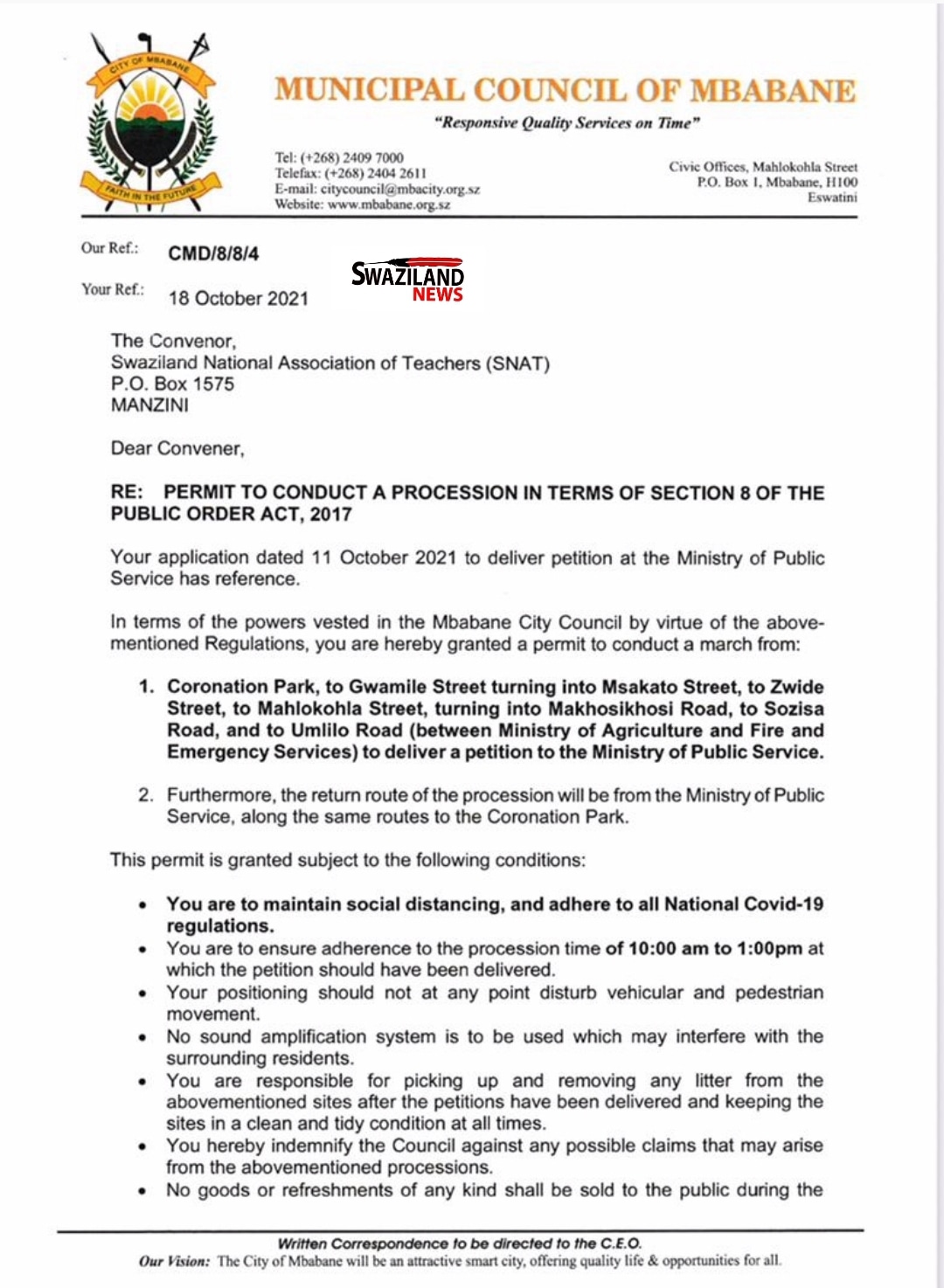 Mbabane CEO grants permit, civil servants to march to the Public Service offices on Wednesday.