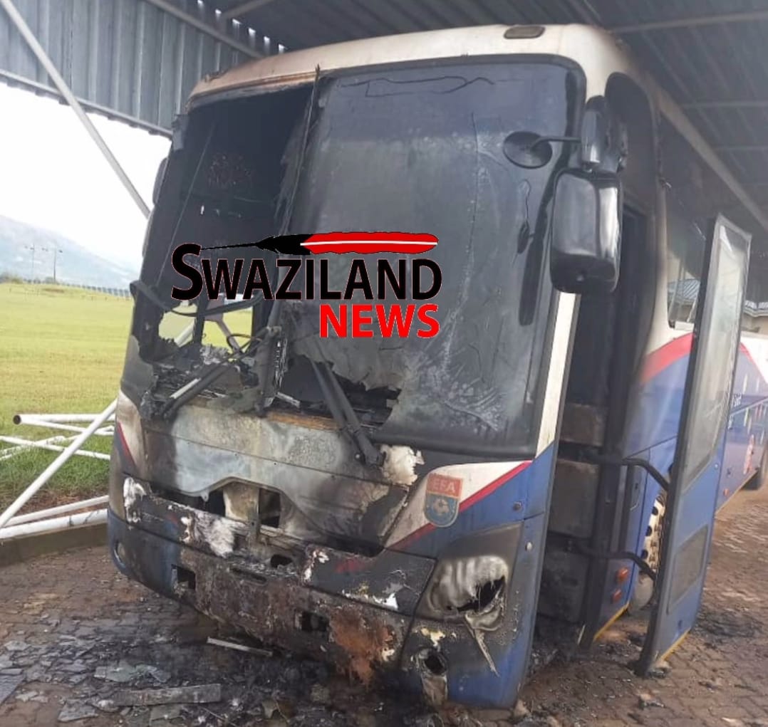 Bus belonging to Mswati’s Sihlangu Semnikati National football team bombed by Solidarity Forces next to the Palace.