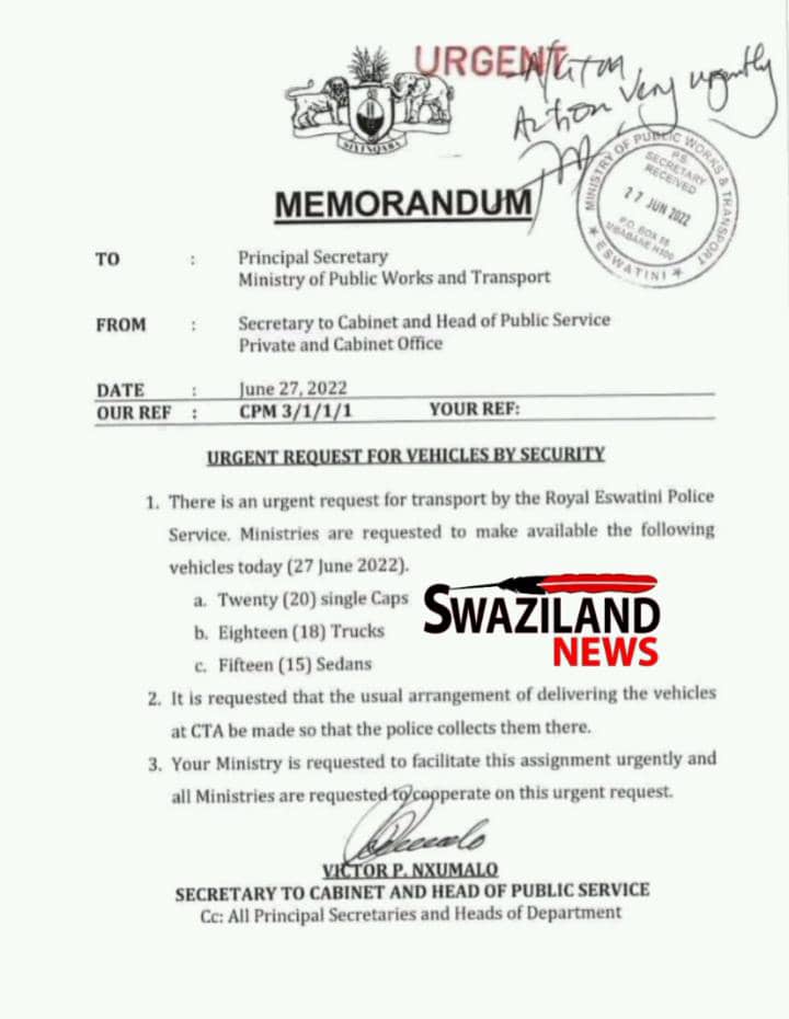 POLITICAL TEMPERATURES CONTINUE TO RISE ESWATINI: Armed plain clothed police officers deployed, Cabinet releases cars.