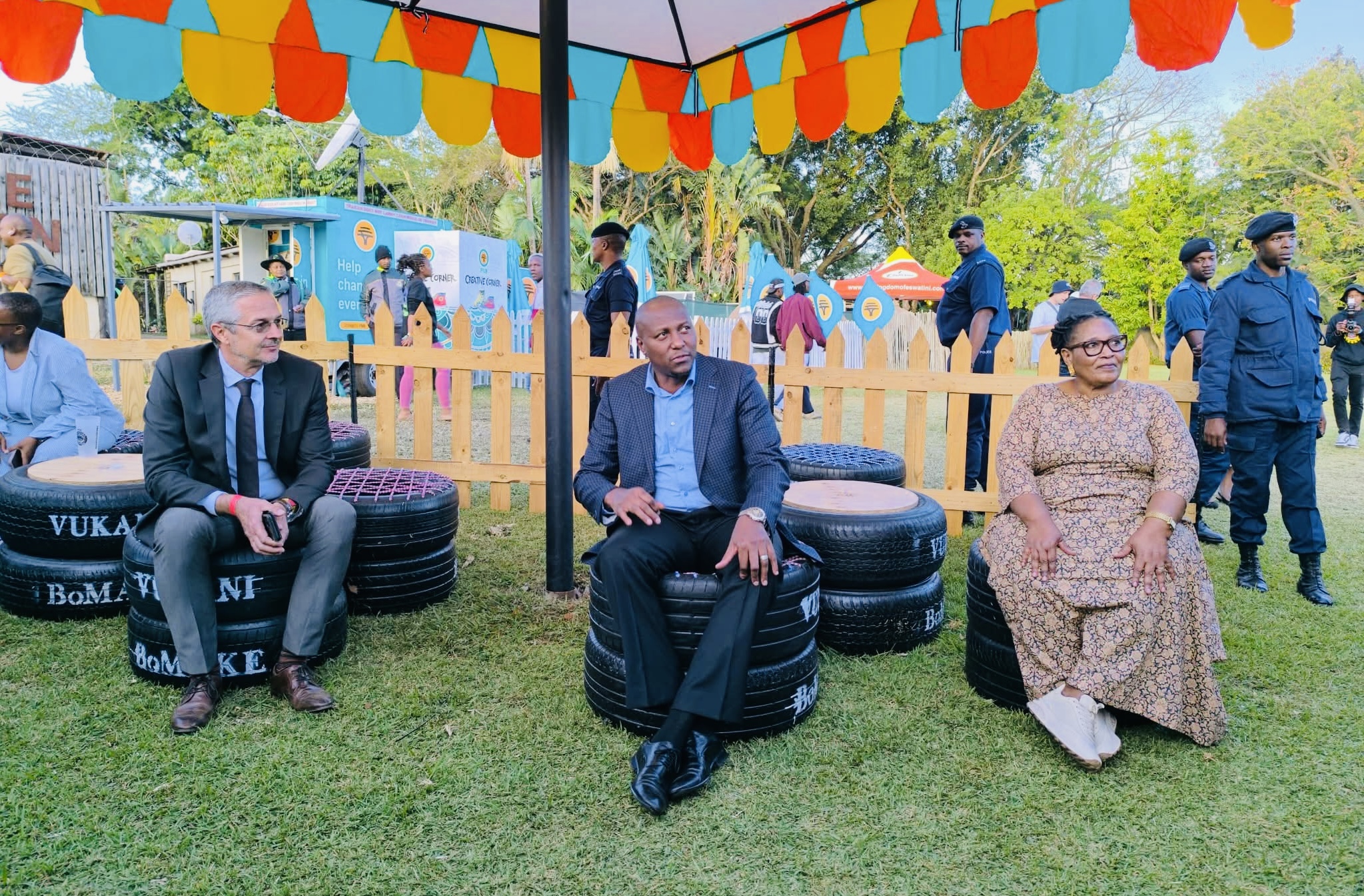 Business Eswatini’s women empowerment products exhibited at the Bush Fire Festival, Prime Minister Russell Mmiso Dlamini enjoying comfort of chairs manufactured by Vukani boMake.