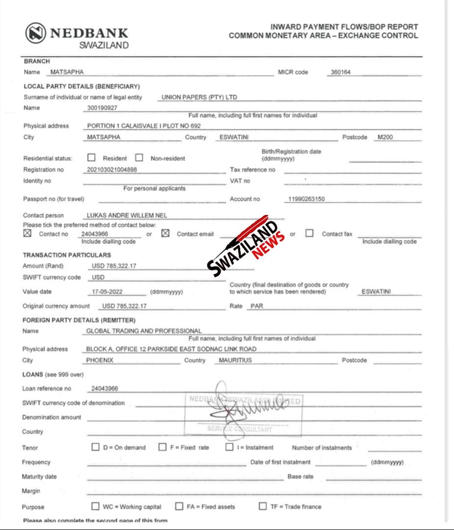 EXPOSED:Nedbank Eswatini ‘questions’ Union Papers(Pty) Ltd Director Kareem Ashraff’s combined over R36million transfer from Mauritius based Global Trading amid corruption and money laundering allegations.