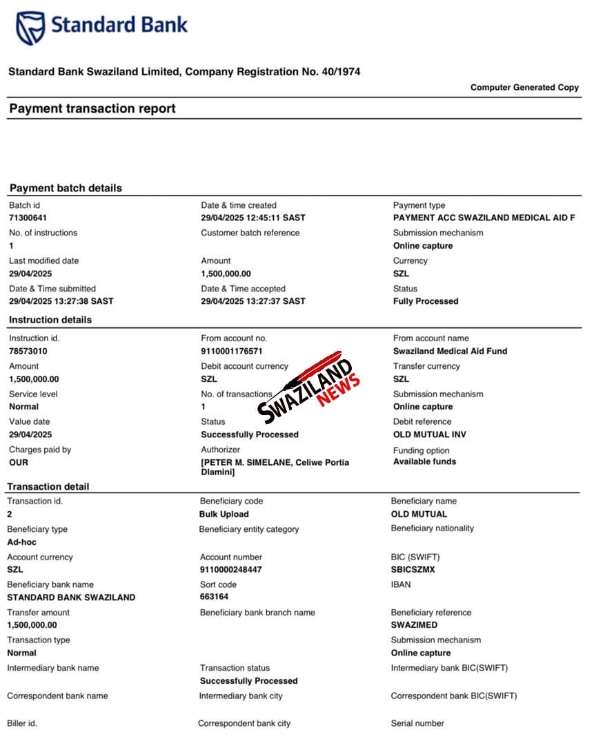 BREAKING NEWS:SwaziMed Chief Executive Officer(CEO) Peter ‘Samora’ Simelane transfers R1.5million to his personal account in a suspected act of corruption, transaction intercepted by the Financial Intelligence Unit.